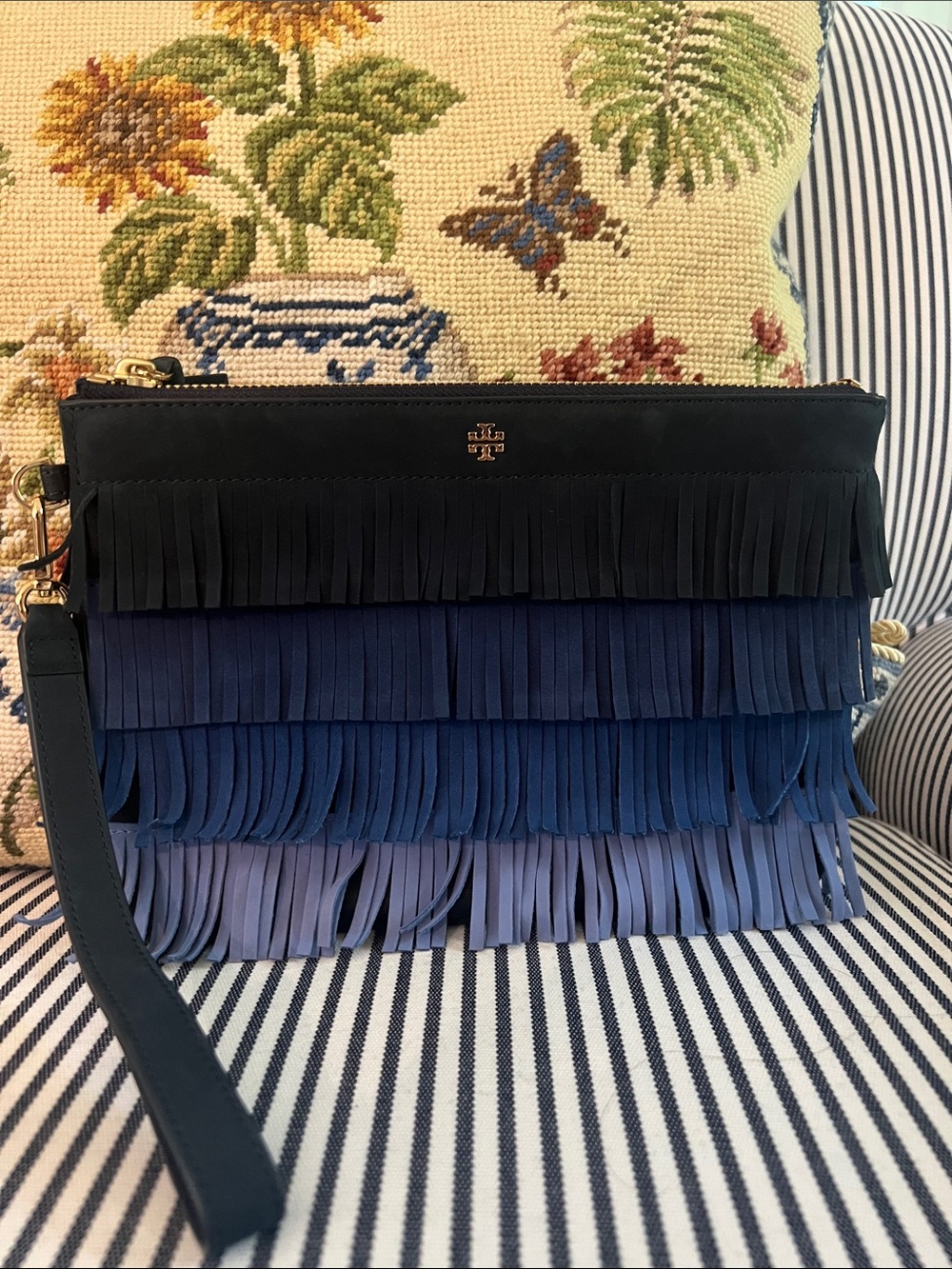 Tory Burch blue ombré suede clutch.